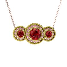 Elia Tria Kolye - Garnet ve pembe kuvars 18 ayar altın kolye (40 cm rose altın rolo zincir) #lpr02p