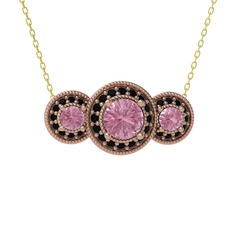 Pembe kuvars ve siyah zirkon 14 ayar rose altın kolye (40 cm altın rolo zincir)