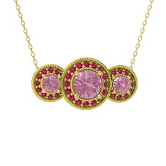 Elia Tria Kolye - Pembe kuvars ve rodolit garnet 8 ayar altın kolye (40 cm altın rolo zincir) #m2e33t