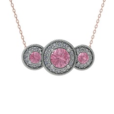 Pembe kuvars ve beyaz zirkon 925 ayar gümüş kolye (40 cm rose altın rolo zincir)