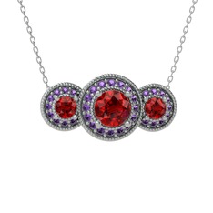 Garnet ve ametist 925 ayar gümüş kolye (40 cm beyaz altın rolo zincir)