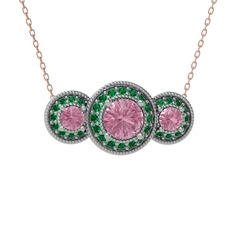 Pembe kuvars ve yeşil kuvars 18 ayar beyaz altın kolye (40 cm rose altın rolo zincir)