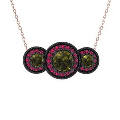 Elia Tria Kolye - Peridot ve rodolit garnet 925 ayar siyah rodyum kaplama gümüş kolye (40 cm rose altın rolo zincir) #om5d8