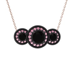 Elia Tria Kolye - Siyah zirkon ve pembe kuvars 925 ayar siyah rodyum kaplama gümüş kolye (40 cm rose altın rolo zincir) #p0dgbo