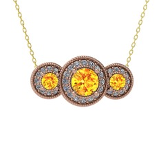 Elia Tria Kolye - Sitrin ve swarovski 8 ayar rose altın kolye (40 cm altın rolo zincir) #s511nh