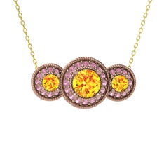 Elia Tria Kolye - Sitrin ve pembe kuvars 8 ayar rose altın kolye (40 cm altın rolo zincir) #saw7tz