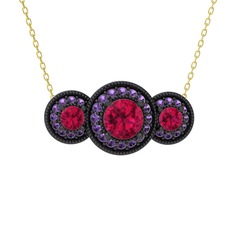 Elia Tria Kolye - Rodolit garnet ve ametist 925 ayar siyah rodyum kaplama gümüş kolye (40 cm gümüş rolo zincir) #v131bh