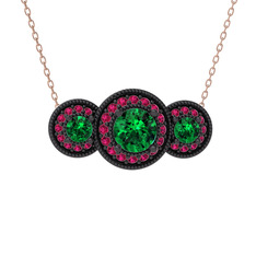 Elia Tria Kolye - Yeşil kuvars ve rodolit garnet 925 ayar siyah rodyum kaplama gümüş kolye (40 cm rose altın rolo zincir) #v3tx04