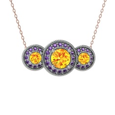 Elia Tria Kolye - Sitrin ve ametist 14 ayar beyaz altın kolye (40 cm rose altın rolo zincir) #v46tts