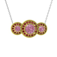 Pembe kuvars ve garnet 18 ayar altın kolye (40 cm beyaz altın rolo zincir)