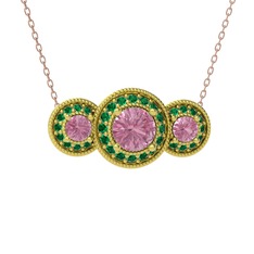 Elia Tria Kolye - Pembe kuvars ve yeşil kuvars 8 ayar altın kolye (40 cm rose altın rolo zincir) #wb7o9k