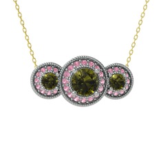 Peridot ve pembe kuvars 925 ayar gümüş kolye (40 cm gümüş rolo zincir)