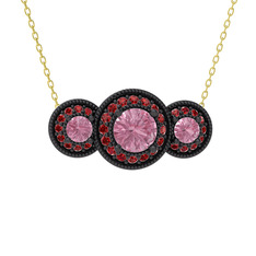 Elia Tria Kolye - Pembe kuvars ve garnet 925 ayar siyah rodyum kaplama gümüş kolye (40 cm altın rolo zincir) #xvpg9n