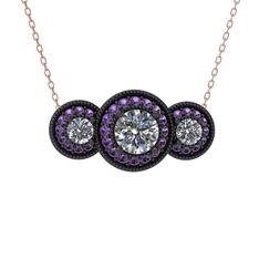 Elia Tria Kolye - Beyaz zirkon ve ametist 925 ayar siyah rodyum kaplama gümüş kolye (40 cm rose altın rolo zincir) #ycoaq