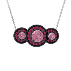 Elia Tria Kolye - Pembe kuvars ve rodolit garnet 925 ayar siyah rodyum kaplama gümüş kolye (40 cm beyaz altın rolo zincir) #zjl9x1