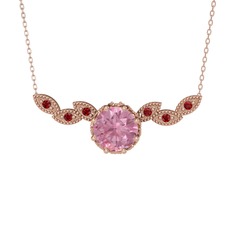 Pembe kuvars ve garnet 14 ayar rose altın kolye (40 cm rose altın rolo zincir)