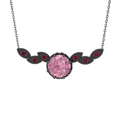 Lilja Kolye - Pembe kuvars ve kök yakut 925 ayar siyah rodyum kaplama gümüş kolye (40 cm gümüş rolo zincir) #14k3f8c
