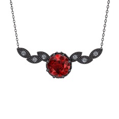 Lilja Kolye - Garnet ve pırlanta 925 ayar siyah rodyum kaplama gümüş kolye (0.12 karat, 40 cm gümüş rolo zincir) #16uhcs8