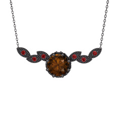 Lilja Kolye - Dumanlı kuvars ve garnet 925 ayar siyah rodyum kaplama gümüş kolye (40 cm gümüş rolo zincir) #16ussmw