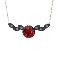 Garnet ve pırlanta 925 ayar siyah rodyum kaplama gümüş kolye (0.12 karat, 40 cm rose altın rolo zincir)
