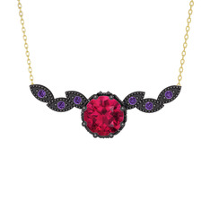 Lilja Kolye - Rodolit garnet ve ametist 925 ayar siyah rodyum kaplama gümüş kolye (40 cm altın rolo zincir) #18qubcy