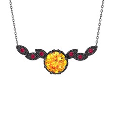 Sitrin ve rodolit garnet 925 ayar siyah rodyum kaplama gümüş kolye (40 cm gümüş rolo zincir)