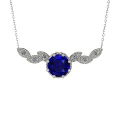 Lab safir ve pırlanta 8 ayar beyaz altın kolye (0.12 karat, 40 cm beyaz altın rolo zincir)
