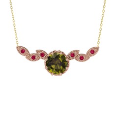 Peridot ve rodolit garnet 8 ayar rose altın kolye (40 cm altın rolo zincir)
