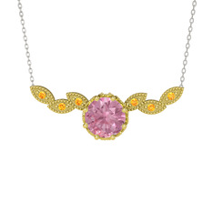 Pembe kuvars ve sitrin 18 ayar altın kolye (40 cm beyaz altın rolo zincir)