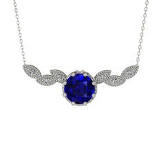 Lab safir ve beyaz zirkon 14 ayar beyaz altın kolye (40 cm gümüş rolo zincir)