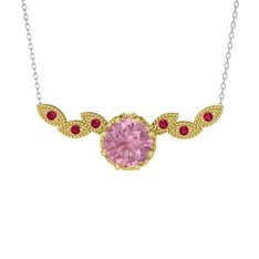 Pembe kuvars ve rodolit garnet 18 ayar altın kolye (40 cm beyaz altın rolo zincir)