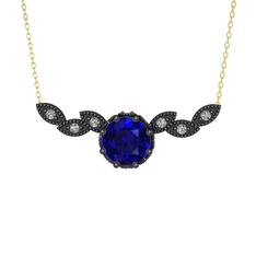 Lab safir ve swarovski 925 ayar siyah rodyum kaplama gümüş kolye (40 cm altın rolo zincir)