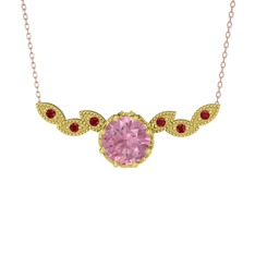 Pembe kuvars ve garnet 8 ayar altın kolye (40 cm rose altın rolo zincir)