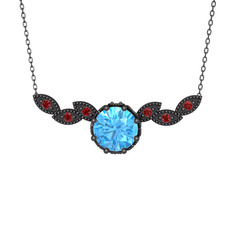 Lilja Kolye - Akuamarin ve garnet 925 ayar siyah rodyum kaplama gümüş kolye (40 cm gümüş rolo zincir) #1n3hqa9