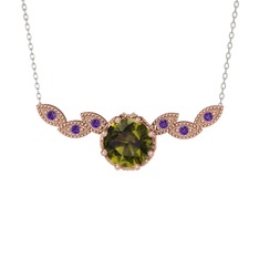 Lilja Kolye - Peridot ve ametist 925 ayar rose altın kaplama gümüş kolye (40 cm beyaz altın rolo zincir) #1oqussx