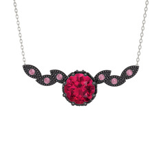 Rodolit garnet ve pembe kuvars 925 ayar siyah rodyum kaplama gümüş kolye (40 cm beyaz altın rolo zincir)