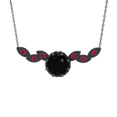Siyah zirkon ve rodolit garnet 925 ayar siyah rodyum kaplama gümüş kolye (40 cm gümüş rolo zincir)