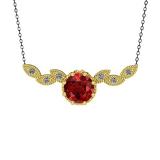 Garnet ve pırlanta 925 ayar altın kaplama gümüş kolye (0.12 karat, 40 cm gümüş rolo zincir)
