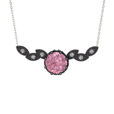 Lilja Kolye - Pembe kuvars ve swarovski 925 ayar siyah rodyum kaplama gümüş kolye (40 cm beyaz altın rolo zincir) #1ym8i6w