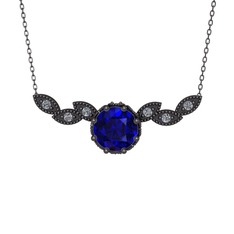Lilja Kolye - Lab safir ve pırlanta 925 ayar siyah rodyum kaplama gümüş kolye (0.12 karat, 40 cm gümüş rolo zincir) #26wyw1