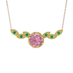 Pembe kuvars ve kök zümrüt 925 ayar altın kaplama gümüş kolye (40 cm gümüş rolo zincir)