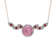Pembe kuvars ve garnet 18 ayar beyaz altın kolye (40 cm rose altın rolo zincir)