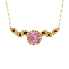 Pembe kuvars ve garnet 18 ayar altın kolye (40 cm altın rolo zincir)