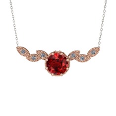 Garnet ve pırlanta 925 ayar rose altın kaplama gümüş kolye (0.12 karat, 40 cm gümüş rolo zincir)