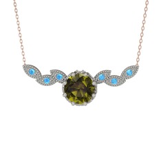 Peridot ve akuamarin 14 ayar beyaz altın kolye (40 cm rose altın rolo zincir)
