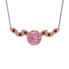 Pembe kuvars ve kök yakut 925 ayar rose altın kaplama gümüş kolye (40 cm gümüş rolo zincir)