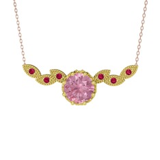 Pembe kuvars ve rodolit garnet 18 ayar altın kolye (40 cm rose altın rolo zincir)