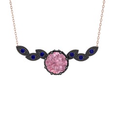 Pembe kuvars ve lab safir 925 ayar siyah rodyum kaplama gümüş kolye (40 cm rose altın rolo zincir)