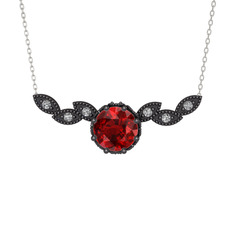 Garnet ve swarovski 925 ayar siyah rodyum kaplama gümüş kolye (40 cm beyaz altın rolo zincir)