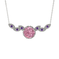 Pembe kuvars ve ametist 14 ayar beyaz altın kolye (40 cm gümüş rolo zincir)